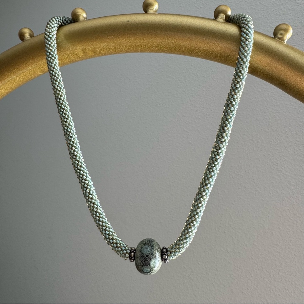 Jade Green Seed Bead Necklace Artisan Boho Statement 18”